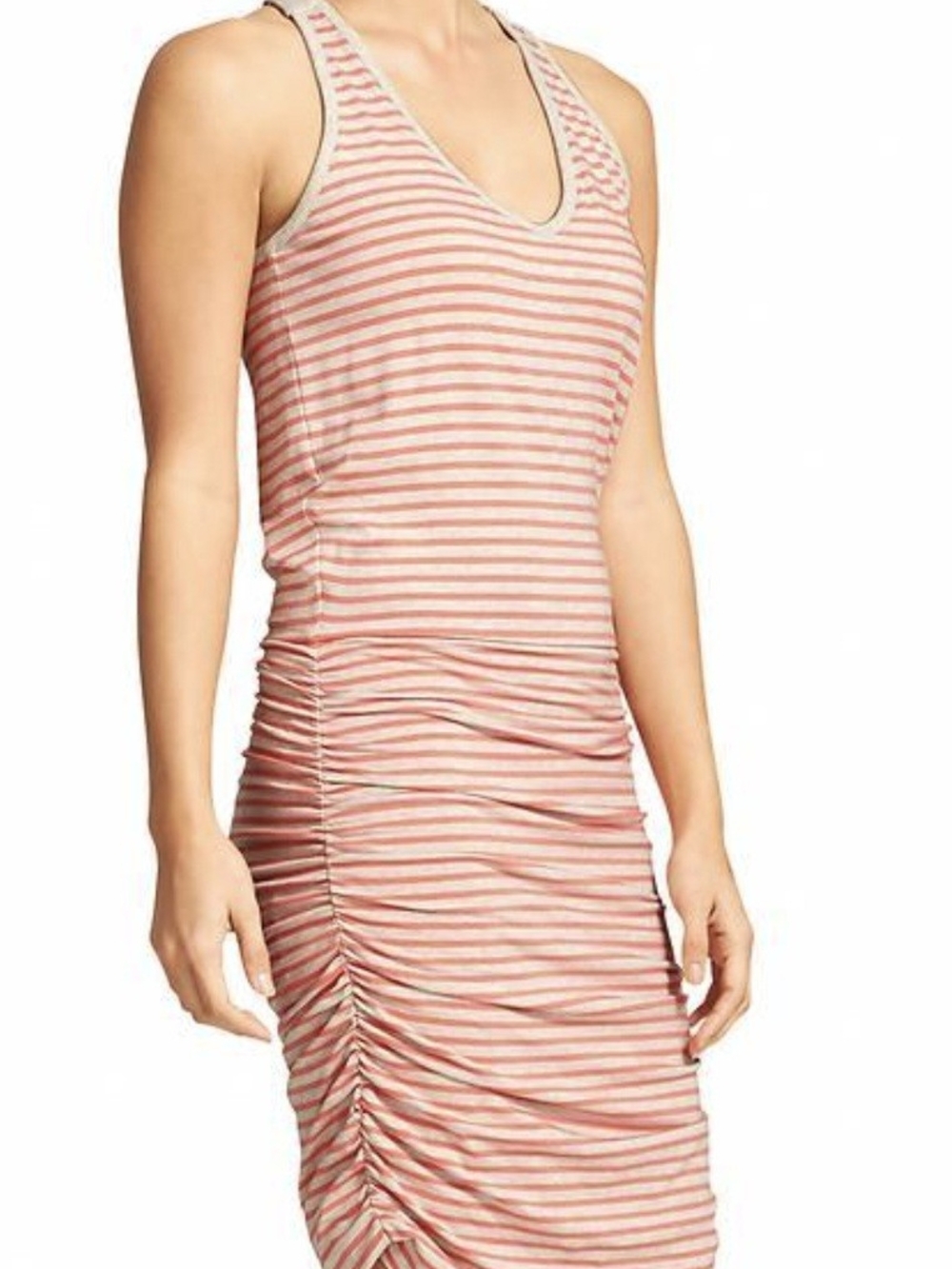Athleta Coral-Pink and Cream Striped Ruched V‑Neck Midi Dress